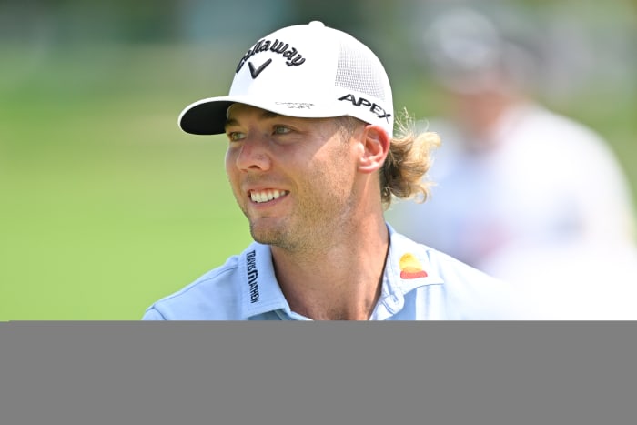 Sam Burns smiles on the 12th green during the second round of the FedEx St. Jude Championship at TPC Southwind on August 11, 2023 in Memphis, Tennessee.